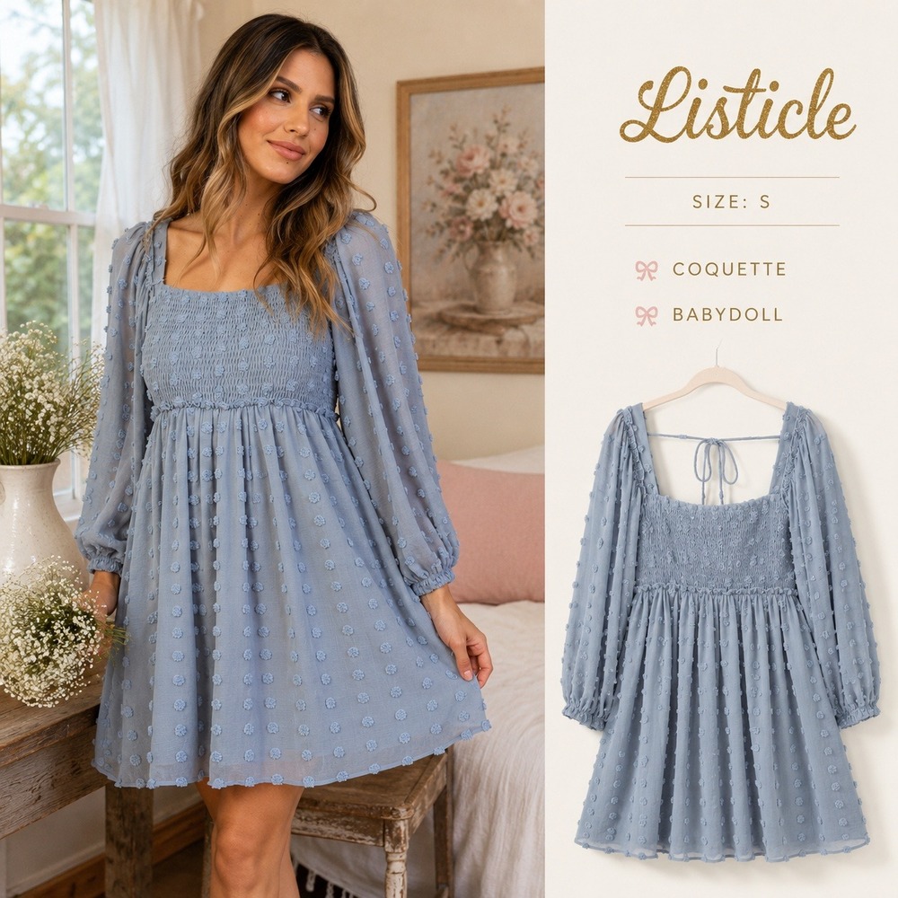 Listicle Swiss Dot Mini Babydoll Dress Womens S Blue Smocked Bishop Sleeve Boho
